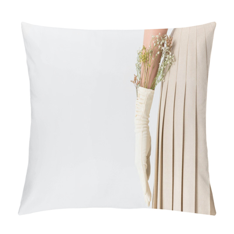 Personality  Cropped View Of Woman In Glove With Flowers Isolated On White  Pillow Covers