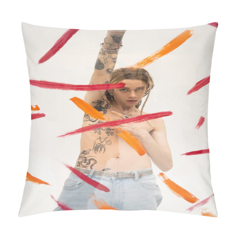 Personality  Shirtless Queer Person With Tattooed Body Posing With Raised Hand Behind Glass With Brush Strokes On White Background Pillow Covers