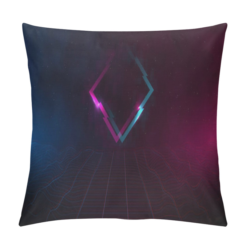 Personality  Retrowave Synthwave Vaporwave Cyber Landscape Laser Grid With Glitch Rhombus, Pink And Blue Fog And Glows On Both Sides In Starry Space. VHS Effect. Eps 10 Pillow Covers