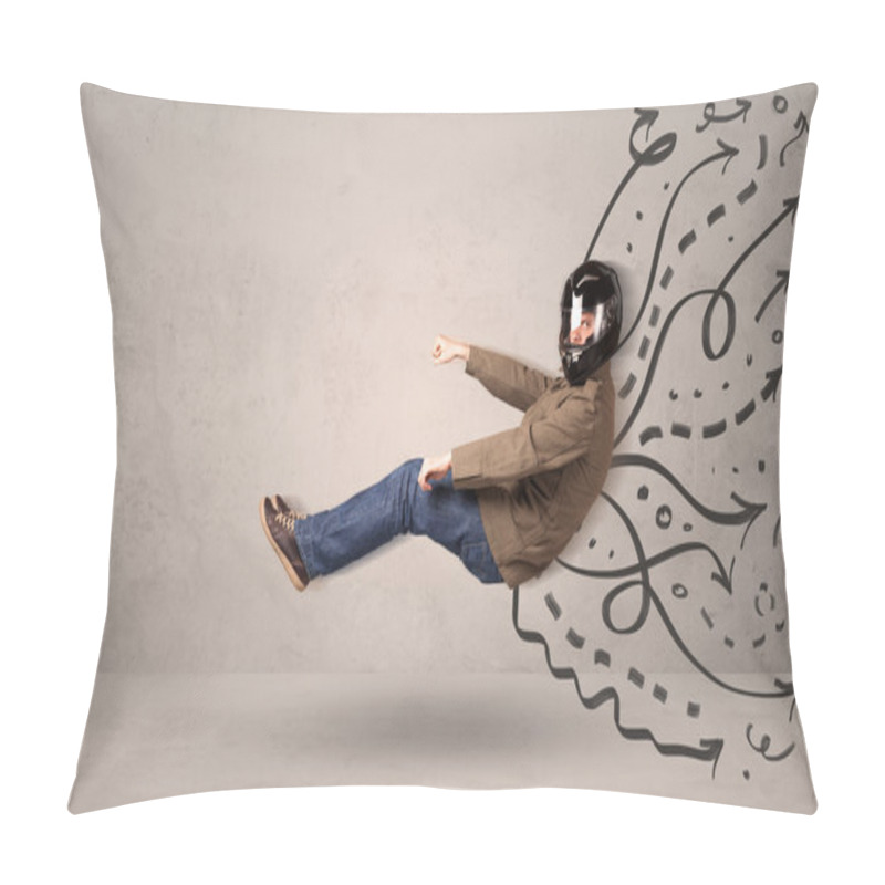 Personality  Funny Man Driving A Flying Vehicle With Hand Drawn Lines After H Pillow Covers