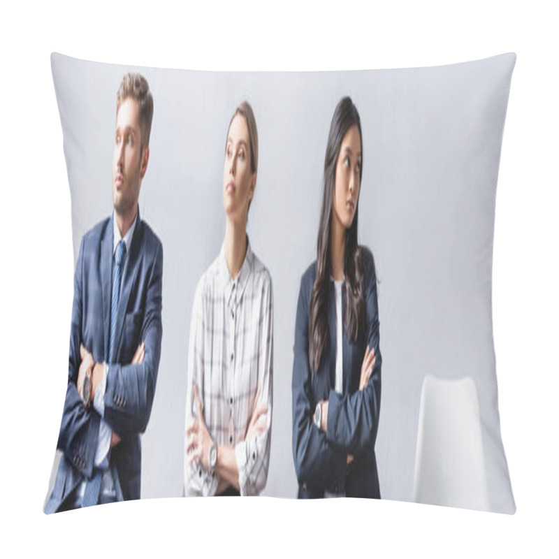 Personality  Multiethnic Business People Sitting With Crossed Arms In Hall, Banner  Pillow Covers