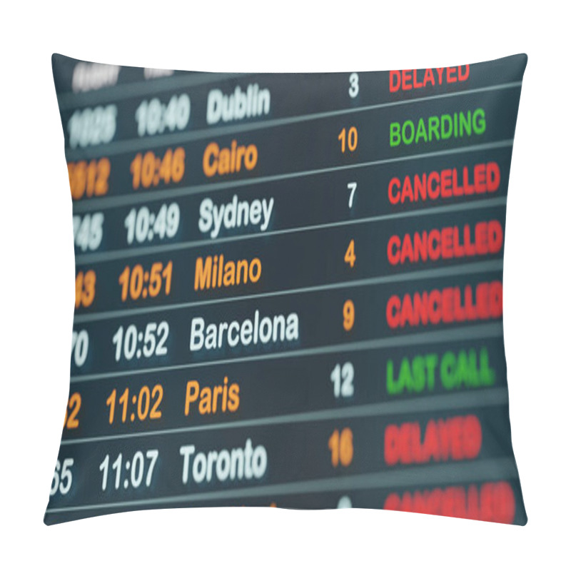 Personality  Airport Time Table With Flight Data. Flight Board With Some Cancelled Or Delayed Flights On A Screen. International Airport, Tourism And Travel Concept. 3D Illustration Pillow Covers