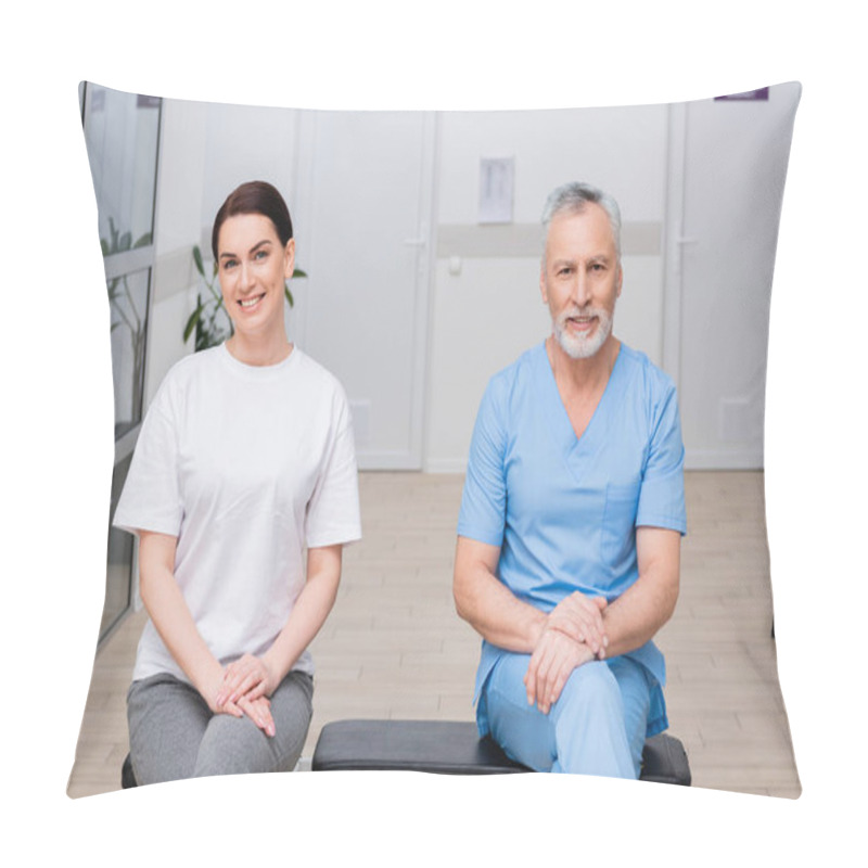 Personality  Happy Rehabilitologist And Woman Smiling At Camera In Hospital Gym Pillow Covers