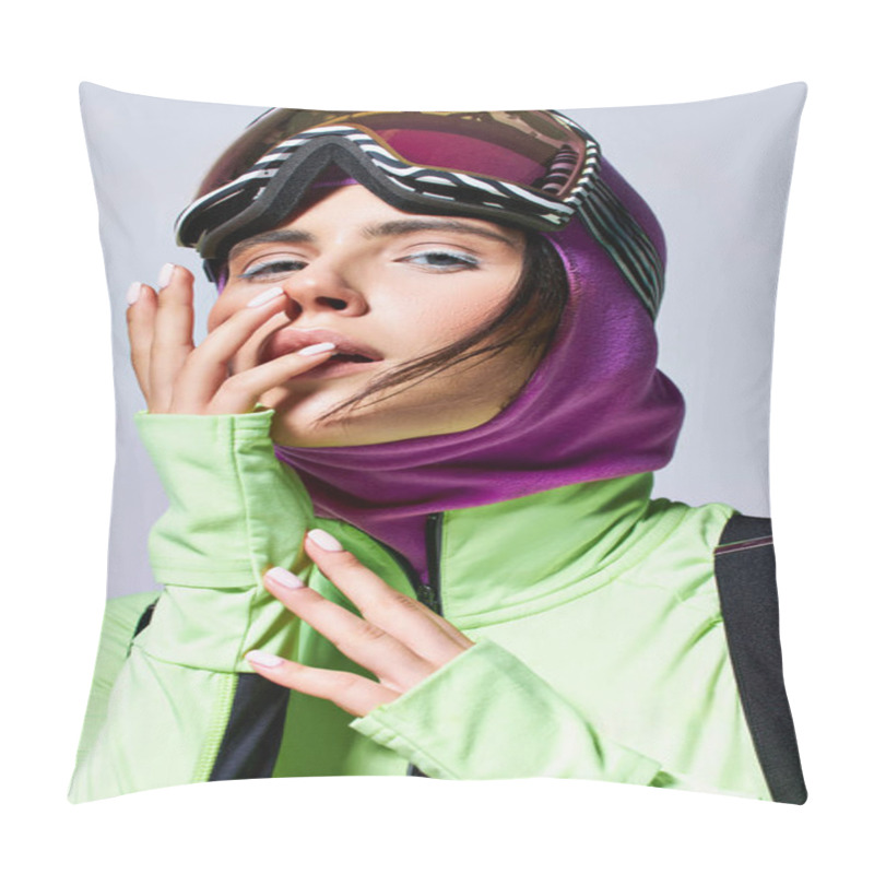 Personality  Portrait Of Woman In Ski Clothes With Balaclava Posing On Grey Backdrop, Model With Blue Eyes Pillow Covers