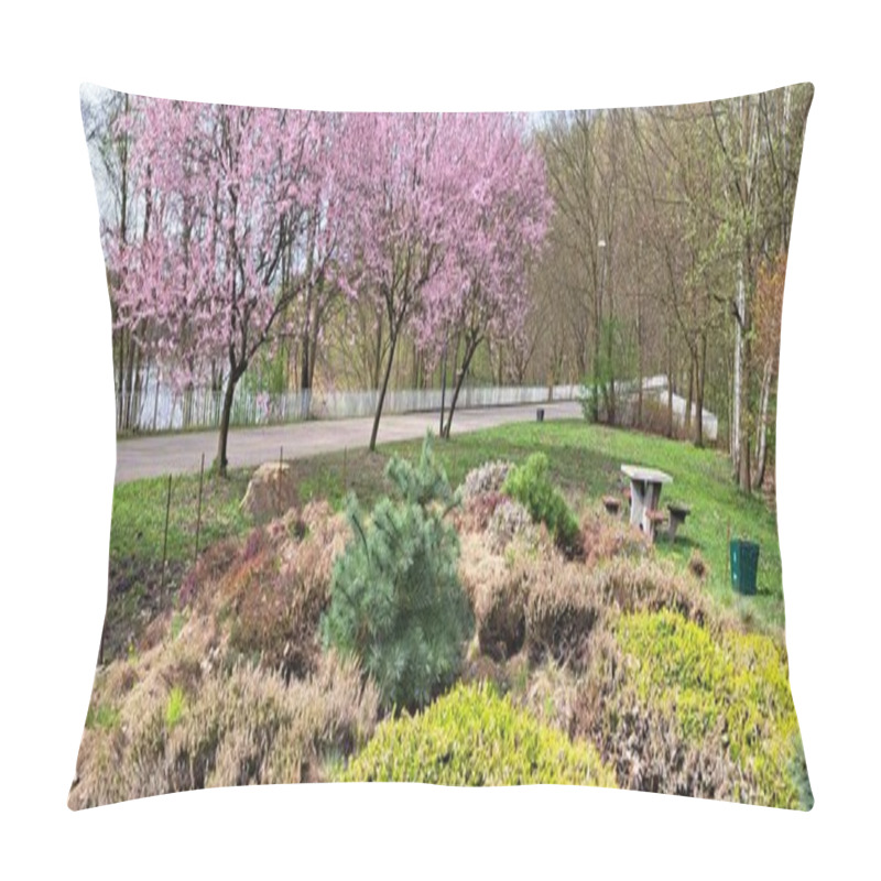 Personality  Flowerbed With Blooming Trees In The Spring Background Pillow Covers