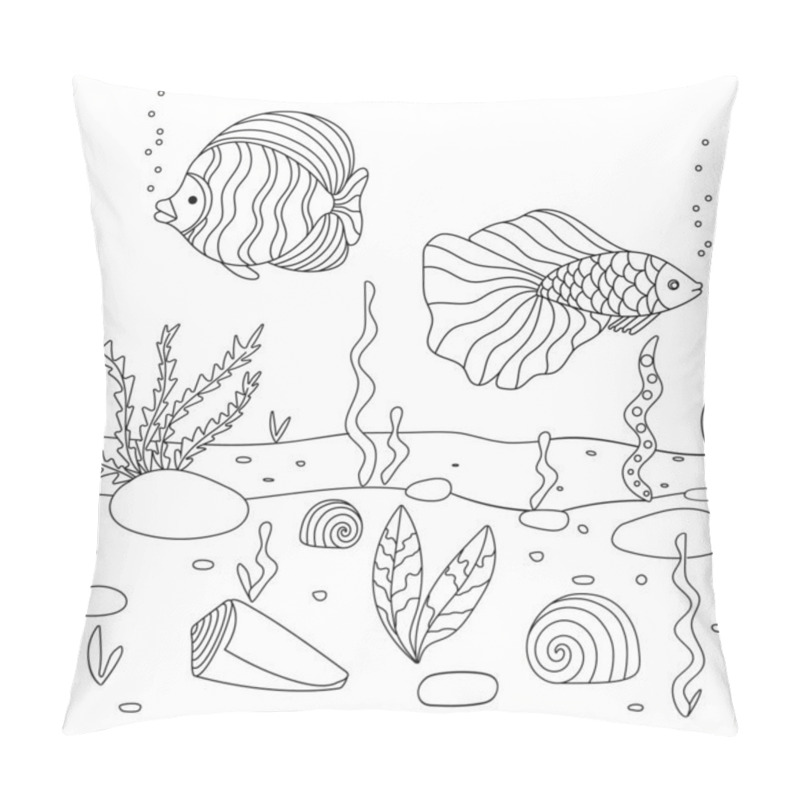 Personality  Vector Illustration With Algae, Shell And Fish, Sea Floor. Cute Square Page Coloring Book For Children.  Pillow Covers