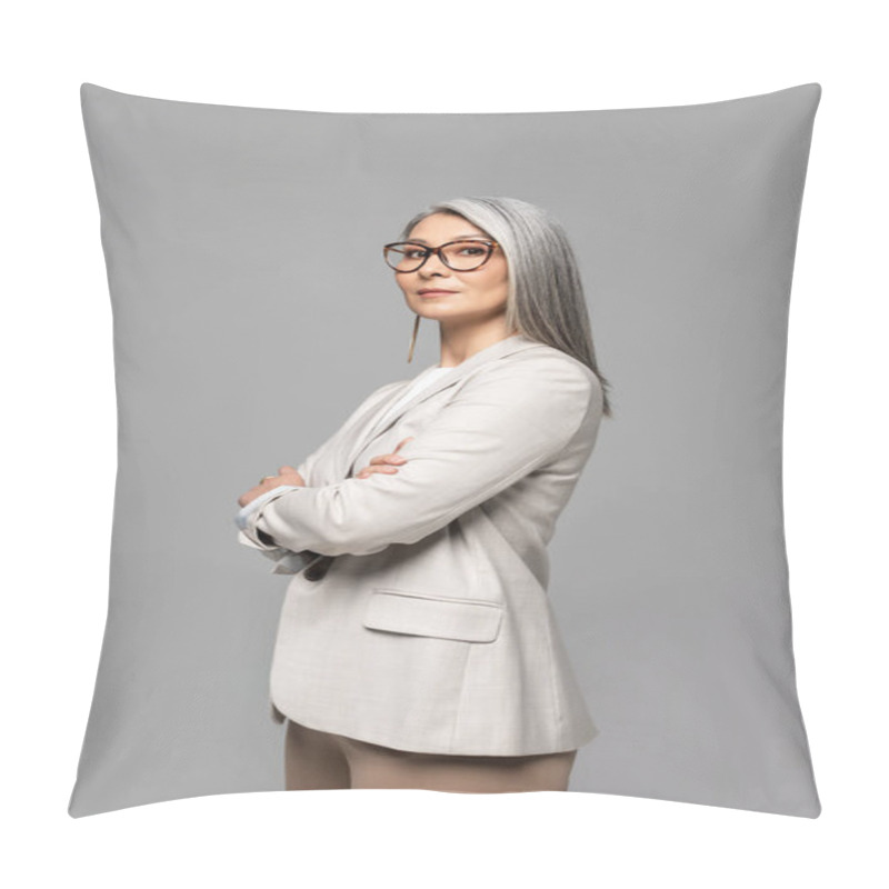 Personality  Beautiful Asian Businesswoman In Eyeglasses With Crossed Arms Isolated On Grey Pillow Covers