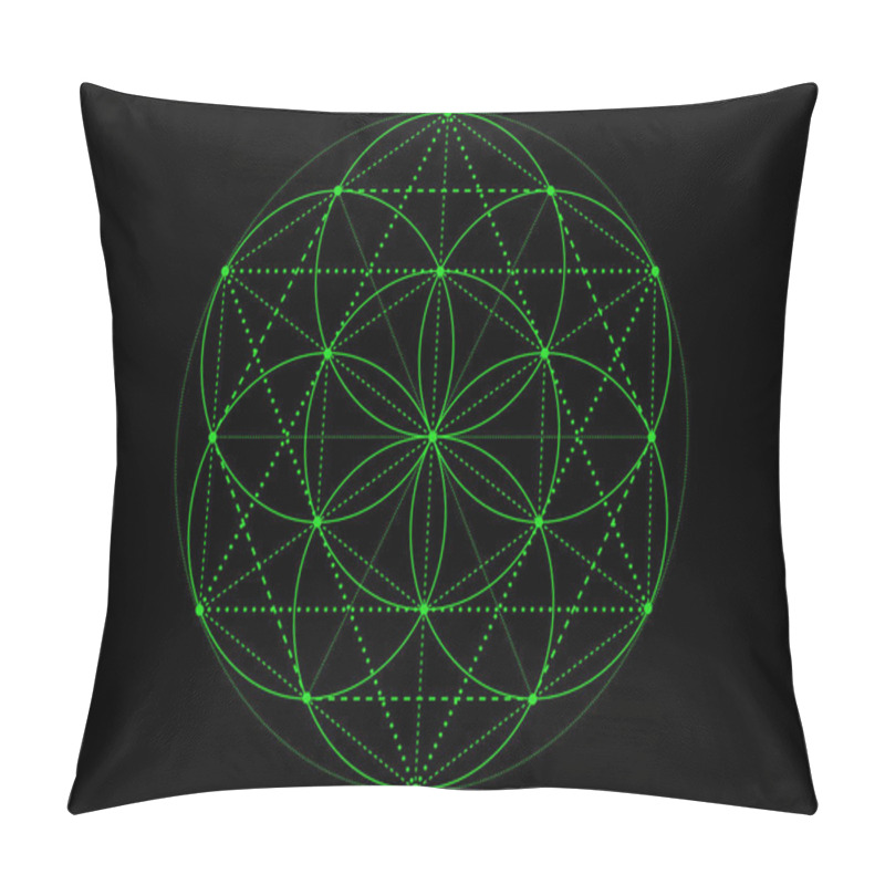 Personality  Seed Of Life Symbol Sacred Geometry. Green Mystic Mandala Of Alchemy Esoteric, Flower Of Life. Vector Neon Bright Color Effect Isolated On Black Background Pillow Covers