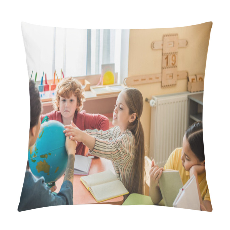 Personality  Girl Touching Globe Near Teacher And Multiethnic Kids In Montessori School Pillow Covers