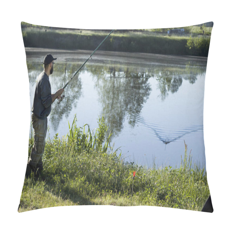 Personality  Angler With A Fishing Rod To Catch The Ground Pulls The Groundbait Basket Pillow Covers