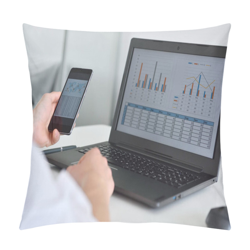 Personality  Businessman Working In Office And Checking Business Report On Laptop And Smartphone. Analyzing Financial Report Concept. Pillow Covers