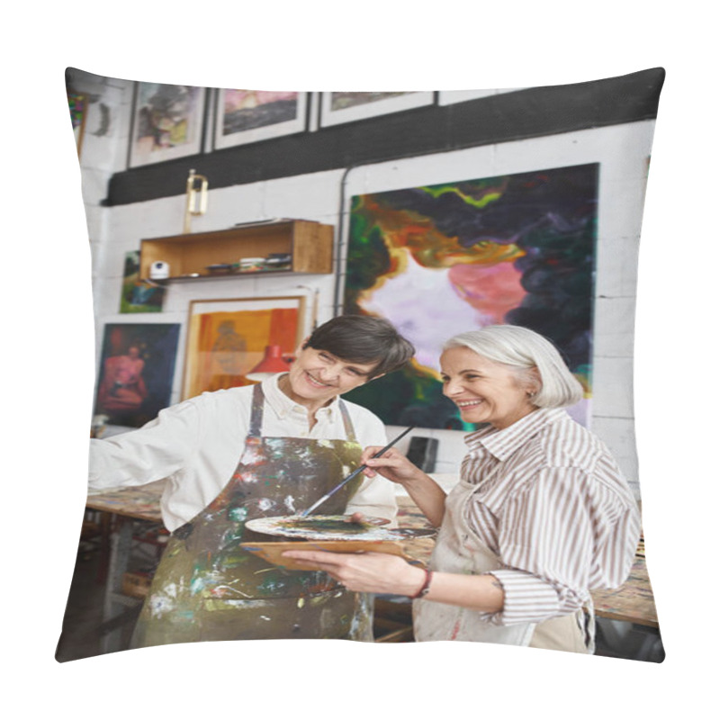 Personality  Two Women Paint In An Art Studio Together. Pillow Covers