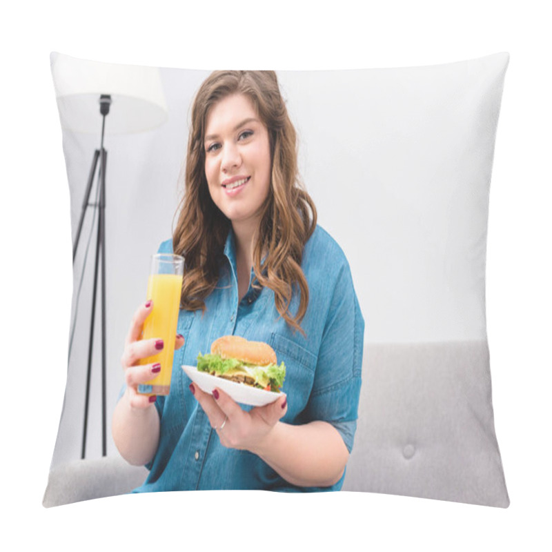 Personality  Overweight Smiling Woman With Glass Of Juice And Burger On Plate In Hands At Home Pillow Covers