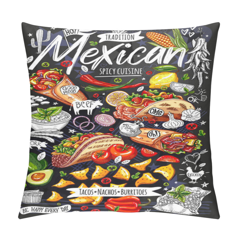 Personality  Food Poster, Ad, Fast Food, Menu, Mexican Cuisine, Nachos, Burritos, Tacos, Snack. Avocado, Cheese, Bean, Corn, Chicken. Yummy Cartoon Style. Hand Drawn Vector Pillow Covers