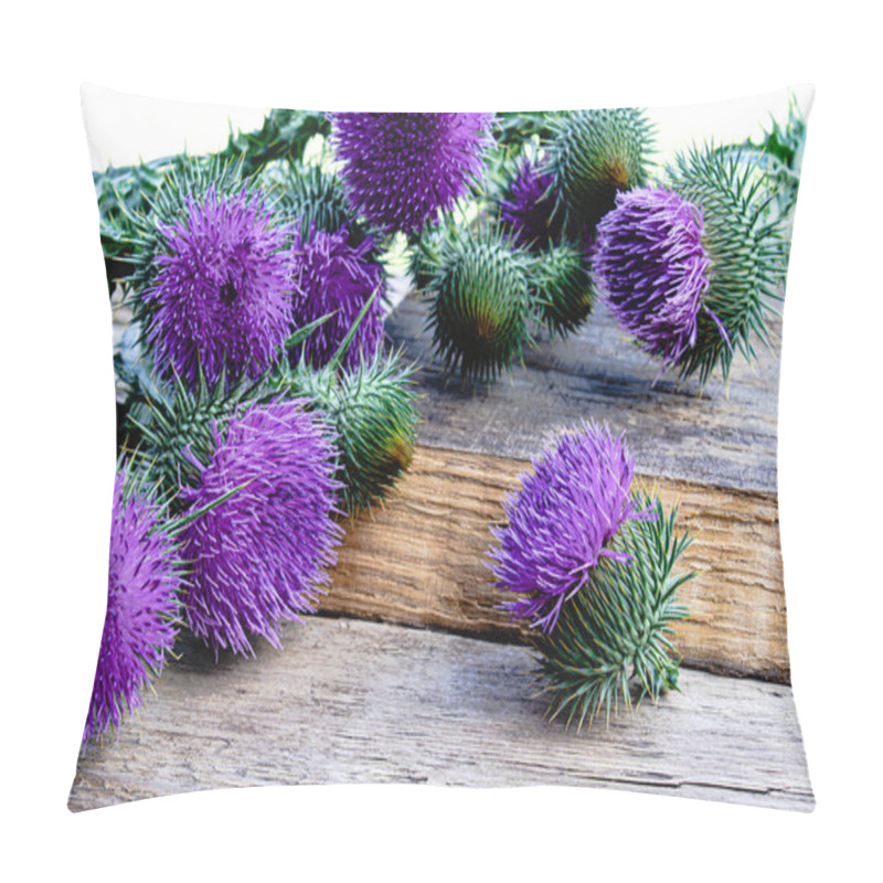 Personality  Medicinal Plant Thistle On Wooden Background. Thistle Flowers. Pillow Covers