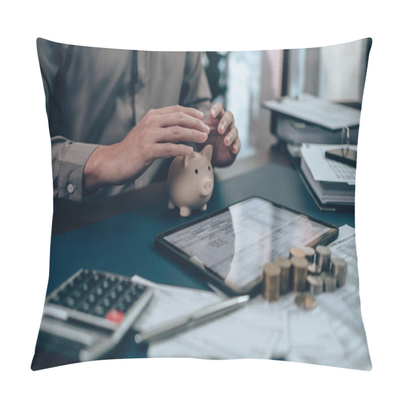 Personality  Investors Hand Protect And Save Money Piggy Bank On The Table. Business Saving Money And Financial Concept. Pillow Covers