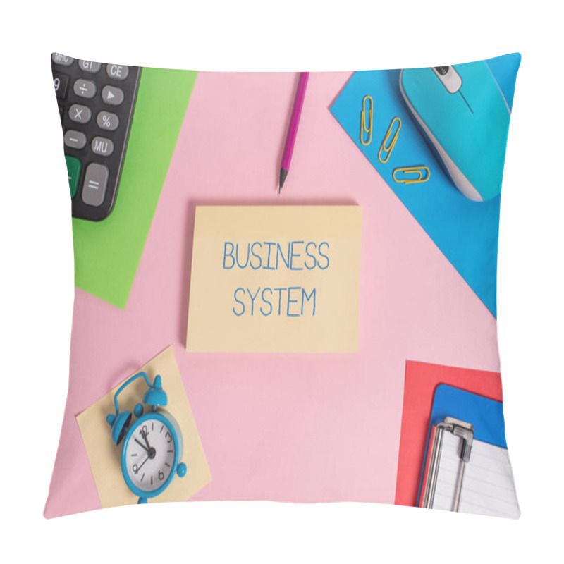 Personality  Conceptual Hand Writing Showing Business System. Business Photo Text A Method Of Analyzing The Information Of Organizations Mouse Calculator Sheets Marker Clipboard Clock Color Background. Pillow Covers