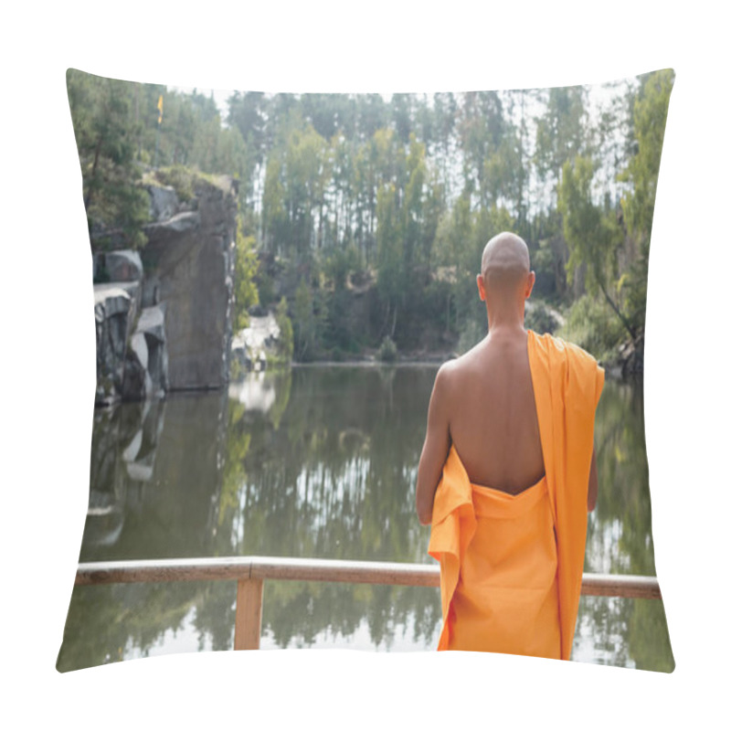 Personality  Back View Of Buddhist In Orange Kasaya Meditating Near Forest Lake  Pillow Covers