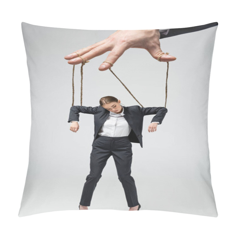 Personality  Cropped View Of Puppeteer Holding Businesswoman Marionette On Strings Isolated On Grey Pillow Covers