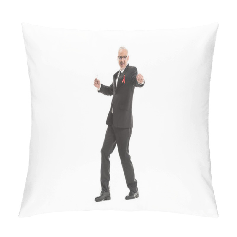 Personality  Funny Mature Businessman In Suit With Aids Awareness Red Ribbon Dancing Isolated On White Pillow Covers