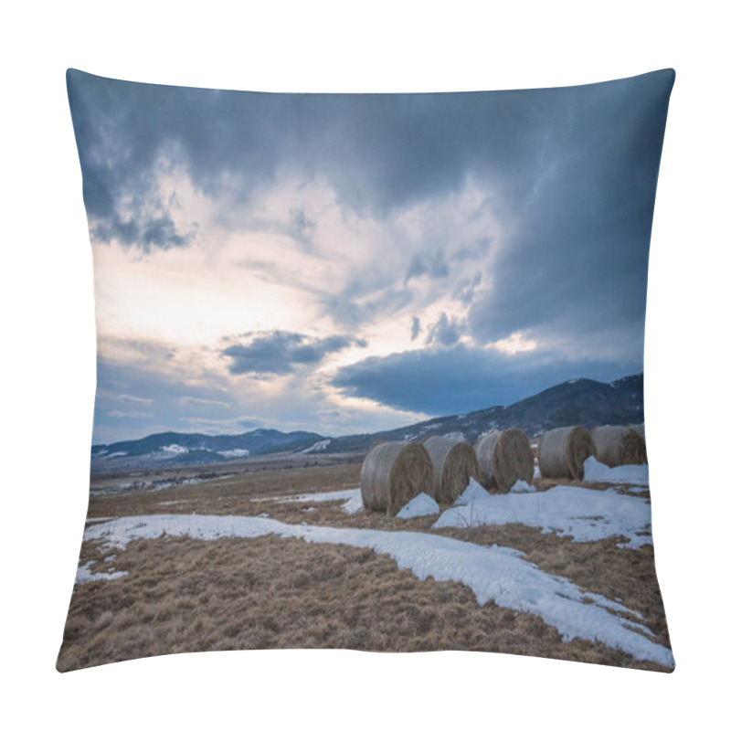 Personality  Straw Bales On Winter Field At Sunset. Pillow Covers