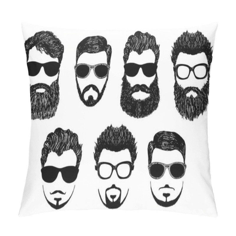 Personality  Hipster Detailed Hair And Beards With Sunglasses Kit. Fashion Bearded Man Face. Long Beard With Facial Hair. Beard Isolated On White. Hipsters With Different Haircuts, Mustaches, Beards, Glasses. Pillow Covers