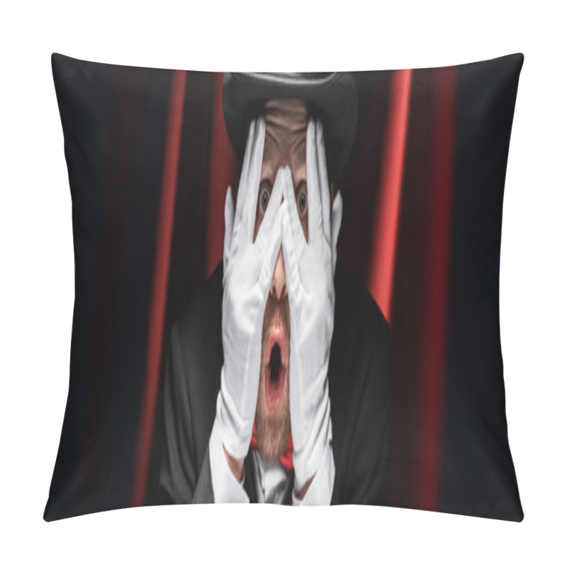 Personality  Panoramic Shot Of Frightened Magician Closing Eyes With Hands In Gloves In Circus With Red Curtains Pillow Covers