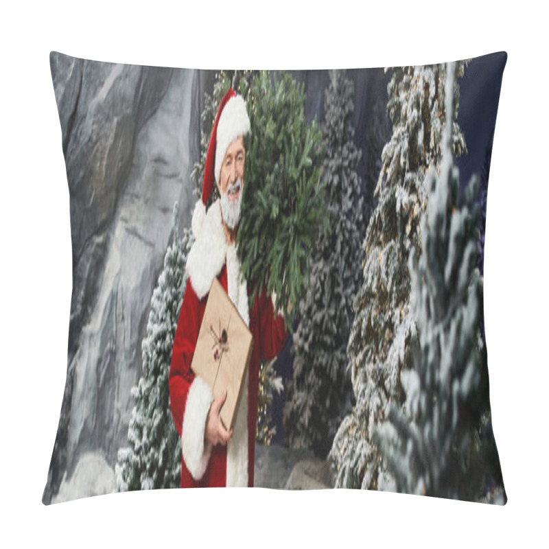 Personality  A Joyful Figure In A Red And White Outfit Presents Greenery And A Gift In The Snowy Woods. Pillow Covers