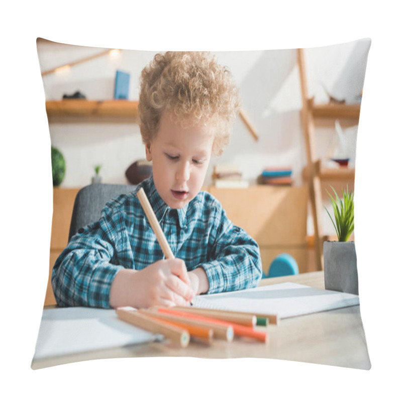 Personality  Selective Focus Of Kid Drawing At Desk  Pillow Covers