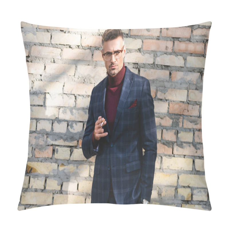 Personality  Handsome Businessman Holding Cigarette And Looking At Camera With Brick Wall At Background Pillow Covers