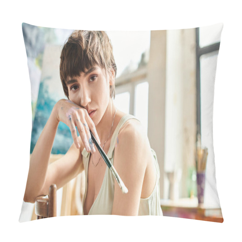 Personality  A Woman Seated At A Table, Holding A Brush. Pillow Covers