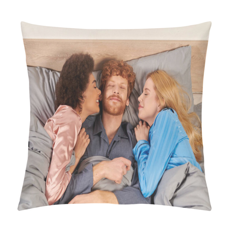 Personality  Polyamory Concept, Three Adults, Happy Man And Interracial Women In Pajamas Waking Up Together, Morning, Under Blanket, Bedroom, Cultural Diversity, Bisexual, Open Relationship, Polygamy, Top View Pillow Covers