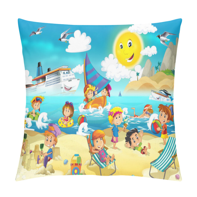 Personality  The Kids Playing At The Beach, Diving, Building In Sand Pillow Covers