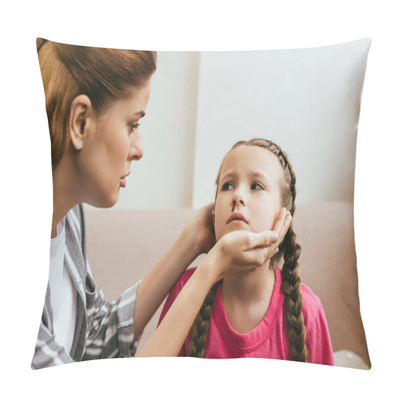 Personality  Worried Mother Looking At Sad Daughter With Nasal Bleeding Pillow Covers