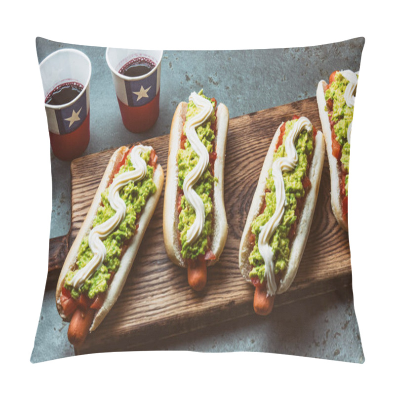 Personality  Chilean Completo Italiano. Hot Dog Sandwiches With Tomato, Avocado And Mayonnaise Served On Wooden Board With Drink In Paper Cup . Top View. Independence Day Concept. Pillow Covers