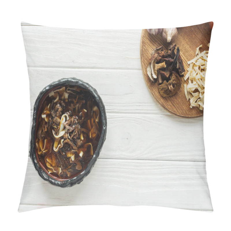 Personality  Top View Of Traditional Mushroom Soup With Ingredients On Chopping Board And White Wooden Background Pillow Covers