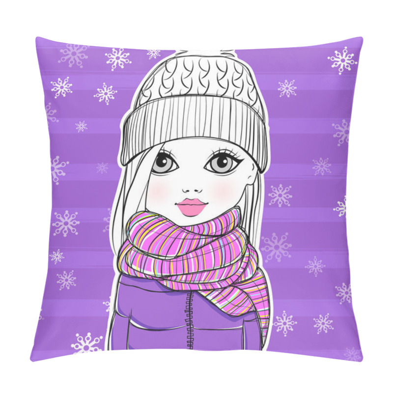 Personality  Cute Little Girl In Winter Clothes. Pillow Covers