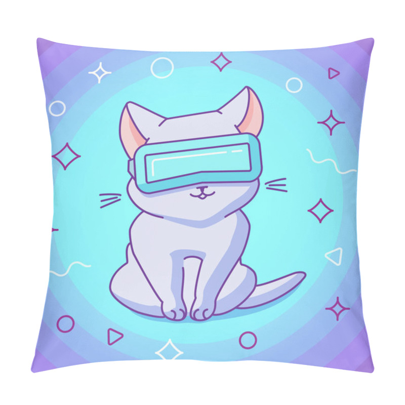 Personality  Cute Sitting Cat With VR Glasses. Vector Illustration, Funny Character In A Minimaistic Flat Linear Style. Vibrant Background With Particles. Design Concept For T-shirt, Notebook Cover Etc. Pillow Covers