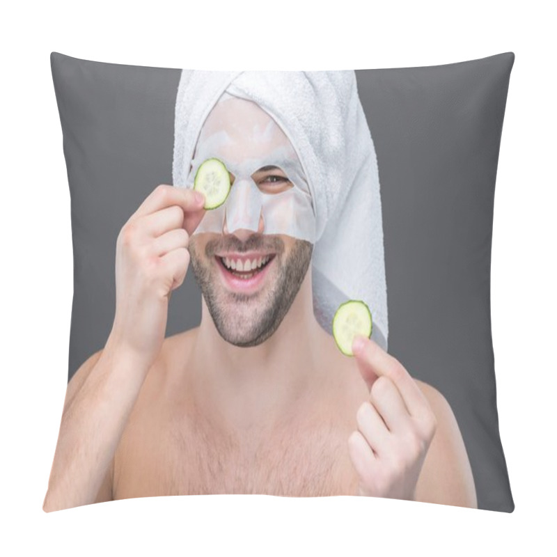 Personality  Cheerful Bearded Man With Collagen Mask And Cucumber Slices, Isolated On Grey, Skin Care Concept Pillow Covers