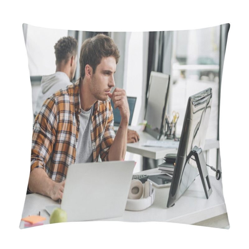 Personality  Selective Focus Of Serious Programmer Working Near African American Colleague In Office Pillow Covers