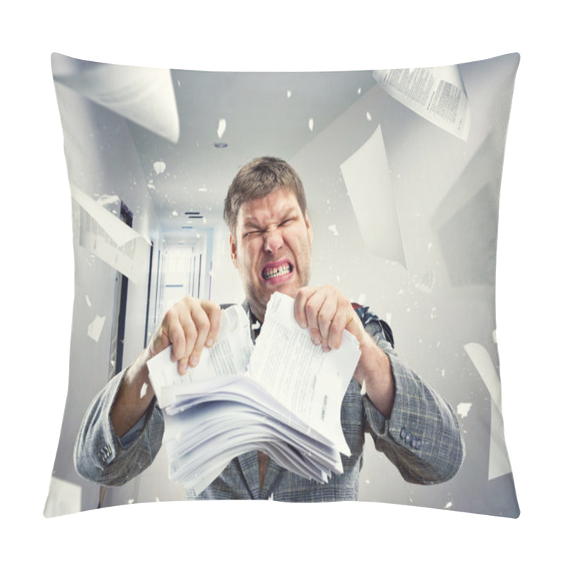 Personality  Stressed Businessman Tearing Out Stack Pillow Covers