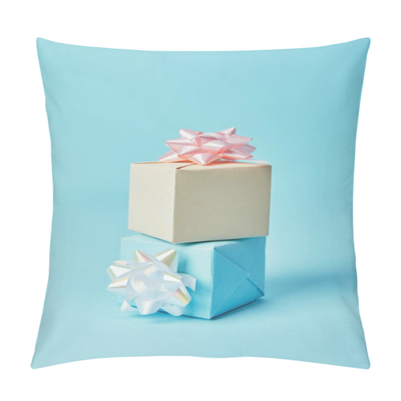 Personality  Gift Boxes With White And Pink Bows On Blue Background Pillow Covers