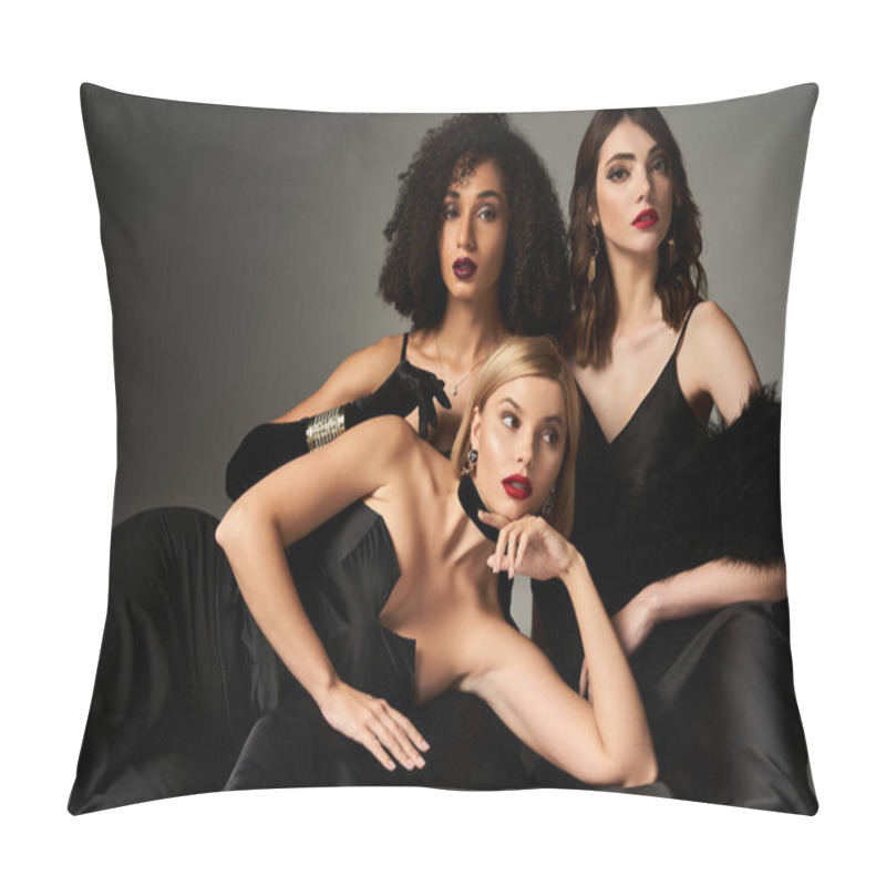 Personality  Three Elegant Women Of Diverse Cultures Striking Poses In Black Dresses Against A Grey Background. Pillow Covers