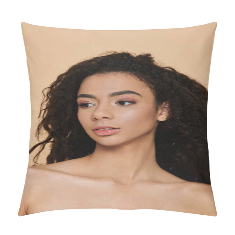 Personality  A Young Woman With Curly Hair And Natural Makeup Gazes Off To The Side, Her Expression Serene. Pillow Covers