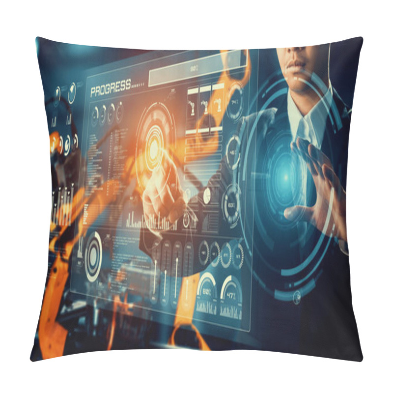 Personality  Engineer Use Cybernated Robotic Software To Control Industry Robot Arm In Factory . Automation Manufacturing Process Controlled By Specialist Using IOT Software Connected To Internet Network . Pillow Covers