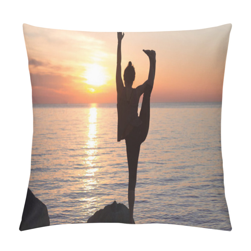 Personality  Fitness Mixed Race Woman Silhouette In Yoga Pose On The Morning Beach, Beautiful Fit Woman Practice Fitness Exrxise Stones, Morning Sea Or Ocean Background Pillow Covers