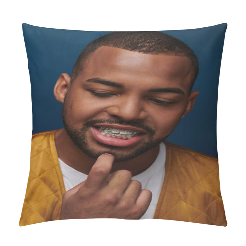 Personality  Smiley African American Male Model With Braces Looking Down With Finger On Chin, Fashion Concept Pillow Covers