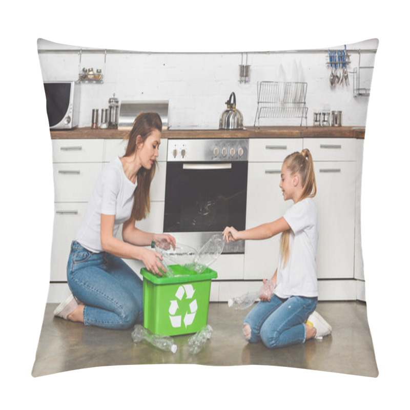 Personality  Mother And Daughter Putting Empty Plastic Bottles At Green Recycle Box At Kitchen Pillow Covers