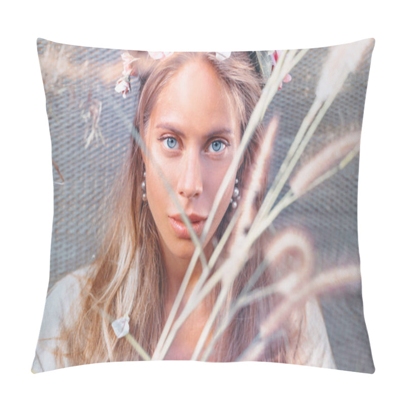 Personality  Beautiful Young Woman Wearing Wreath With Flowers Outdoors Portrait Pillow Covers