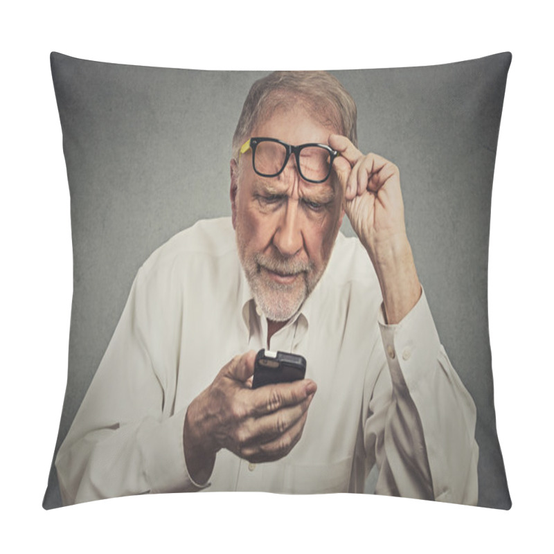 Personality  Elderly Man With Glasses Having Trouble Seeing Cell Phone Pillow Covers